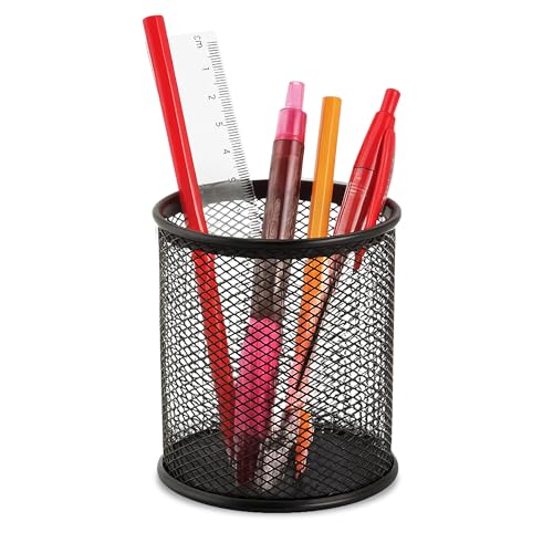 Image of GLUN Black Round Metal Net Desk Sketch Colour Holder, Pack of 1 Spray Painted Black Pencil & Other Stationery Accessories Organiser Holder, Use at Office, School & Home