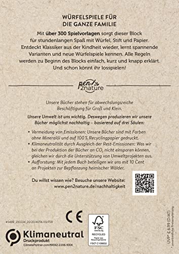 Würfelspiele | Spielspaß für Groß und Klein: Nachhaltiger Spieleblock auf Recyclingpapier mit über 300 Vorlagen für die ganze Familie | Würfel-Spielblock für Spieleabende (pen2nature books)