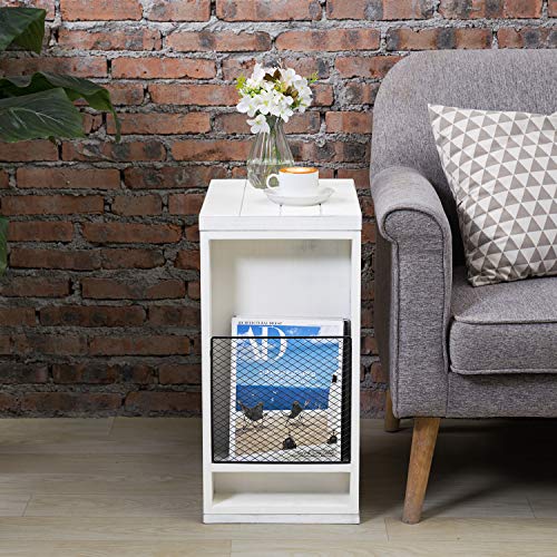Mygift Vintage White Slatted Boards Style C-Table/Side Sofa End Table With Rustic Metal Wire Magazine Holder Slot #TOP3