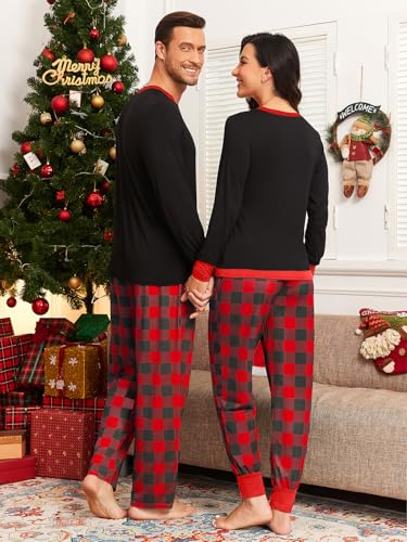 Men & Women Pajama Sets for Couples Long Sleeve Sleepwear Plaid Pants with Pockets Xmas Pjs Black & Red Plaid S3