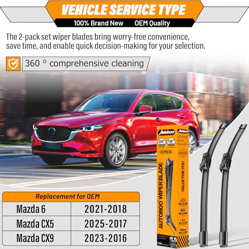 Image of AUTOBOO Windshield Wiper Blade Replacement for Mazda 6 CX-5 CX-9 2017-2025 | Fits 2017-2025 CX-5 /2016-2023 CX-9 /Mazda6 2018-2021; 24 inch+18 inch front, OE fit, all-weather, quiet, easy install