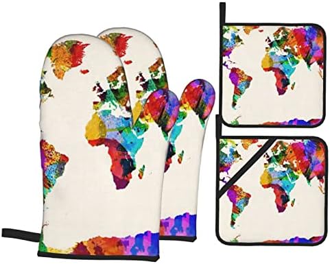 Abstract World Map Oven Mitts and Pot Holders Sets of 4 Heat Resistant Oven Gloves and Hot Pads Potholders Kitchen Baking Cooking BBQ Cute Oven Mitts