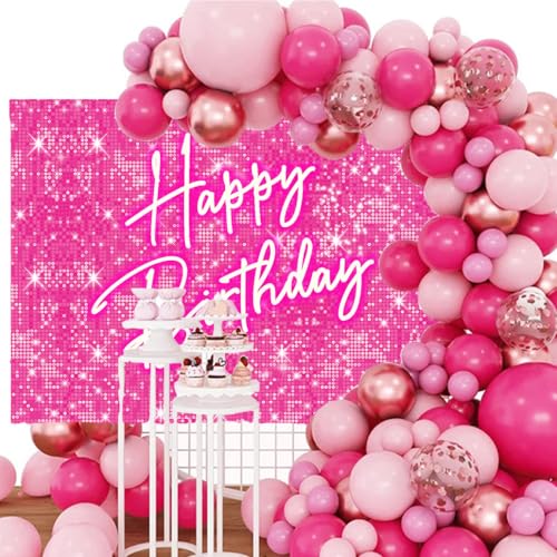 InMemory Shiny Pink Neon Happy Birthday Backdrop for Lady Girls Women Princess Theme Party Table Wall Decorations Banner Sparkle Birthday Photo Booth Studio Background 5x3ft