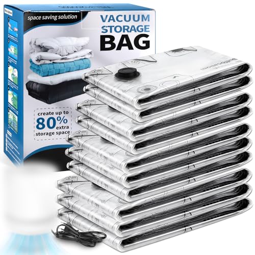 PQETBV Bolsas de Almacenamiento al Vacío, Juego de 10 Bolsas (3J + 3L + 2M + 2S) con Bomba Eléctrica, Bolsas al Vacío Ropa para Guardar Ropa, Ropa de Cama, Edredones, Almohadas, Mantas