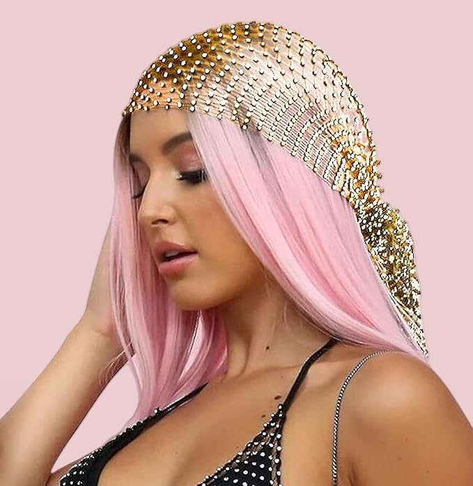 Hybursky Fishnet Headband with Rhinestone Hollow Out Glitter Sequins Head Scarf Veil Cap Elastic Nightclub Headwrap Headpiece Turban Caps Hair Accessories for Women Girls(Gold) - Image 4
