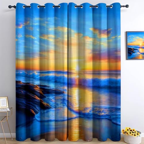 Sunset Twilight Blackout Curtains, 65 Inches Drop Eyelet Thermal Curtains - Beach Waves Ring Top Soundproof Drapes Soft Breathable for Bedroom Living Room W 30 x L 65 Inches 2 Panels
