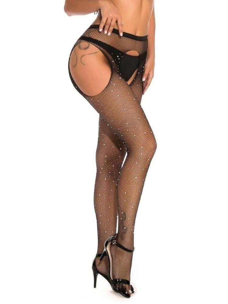 Miss Naughty Rhinestone Crotchless Fishnet Tights-One Size - XL-Black