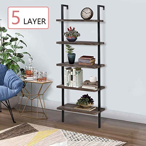 Bookshelf 5-Tier Wall Mount Ladder Storage Industrial Bookcase Shelf Modern Wood Book Shelf Unit with Metal Frame for Home Office Living Room