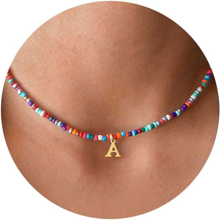 Yoosteel Colorful Initial Necklaces for Teen Girls Kids Gifts - Cute Beaded Choker Necklace for Kids Jewelry A-Z Initial Necklaces for Women Graduation Birthday Gifts for Teen Girls