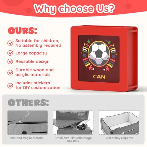 Image of Summidate Wooden Soccer Money Box, World Cup Theme Piggy Bank for Kids and Adults, Personalized Football Savings Jar with Clear Window and DIY Stickers, Decorative Sports Gifts for Teenagers & Fans