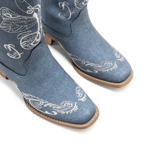 Image of DREAM PAIRS Women's Square Toe Cowboy Cowgirl Boots Pull On Low Chunky Heel Mid Calf Western Boots with Embroidered Stitched for Theme Party Country Concert