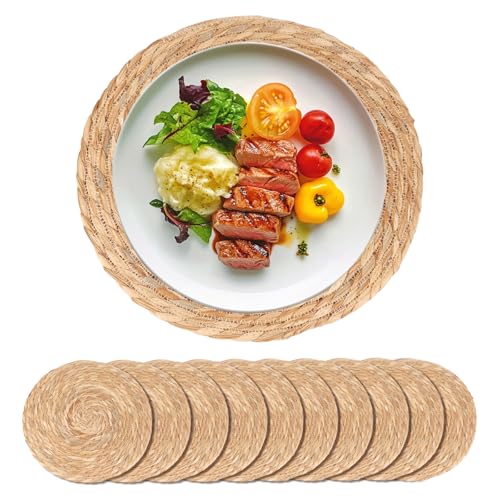 Image of Round Woven Placemats Set of 10-13 Inch Natural Water Hyacinth Place Mats for Dining Table, Boho Farmhouse Kitchen Table Decor, Rustic Braided Table Mats for Daily Use & Holiday Table Setting