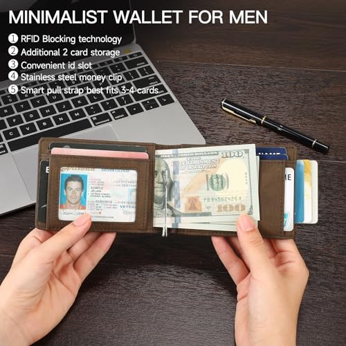 SENDEFN Slim Wallet for Men with Money Clip RFID Blocking Bifold Genuine Leather Minimalist Card Holder with ID Window （coffee）3