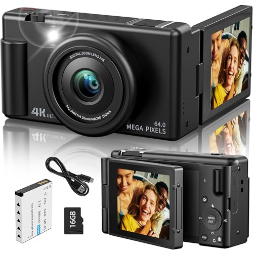 True 4K Digital Camera for Photography, Autofocus 64MP with 18X Digital Zoom 3' 270°Flip Screen Dual-Lens Selfie Camera for YouTube Vlogging & Content Creation, 1 Batteries, 16GB Card & Flash,Black