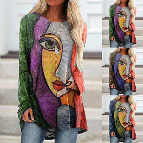 Casual Tops For Women Fashion Retro Abstract Face Print Long T-Shirt O Neck Long Sleeve Blouses Plus Size Green #TOP5