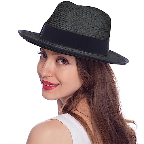 HEYANN Fedora Sombrero Panamá de paja para el sol con protección solar UV, sombrero de verano, para vacaciones, transpirable, sombrero de playa para hombre y mujer, sombrero de paja ajustable,