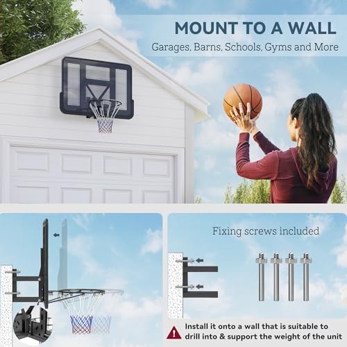 Soozier Wall Mounted Basketball Hoop, Reinforced Shatter Resistant 43\" Backboard Basketball Goal Combo Kit with All Weather Net for Outdoor or Indoor Use