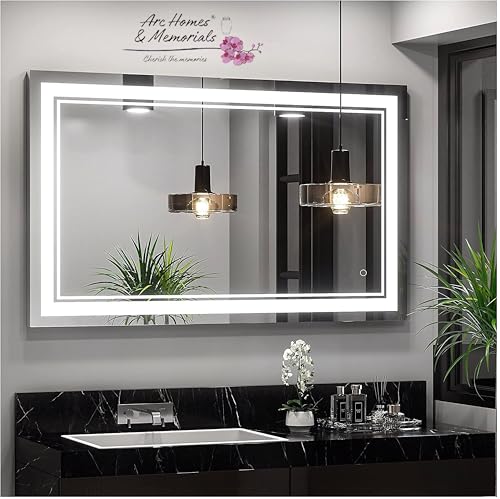 Image of Modern Glass Wall Mounted Rectangular Backlit Led Mirror with Touch Sensor|Bathroom Mirror with Led Lights|Stylish Long Mirror for Bedroom Washbasin Lighting Mirror (Double Light,24 x 18)
