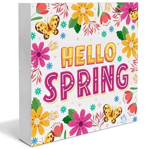 Spring Decor - Floral Spring Sign Decorations Hello Spring Wood Block Plaque Sign for Home Desk Table (5 x 5 Inches) Spring Decor Floral Spring Sign Decorations Hello Spring Wood Block Plaque Sign for Home Desk Table 5 x 5 Inches