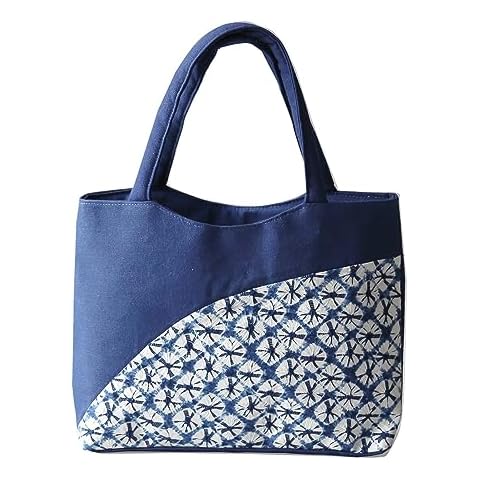 ZINNICCYY Women Indigo Tie Dye Handmade Tote Bags with Zipper, 16.1" x 11" x 2.3" Small Blue Boho Tote Bags with Cotton Handles Art Shoulder Bag Cotton Tote Bags for Travel,Shopping,Beach,Wedding Cover