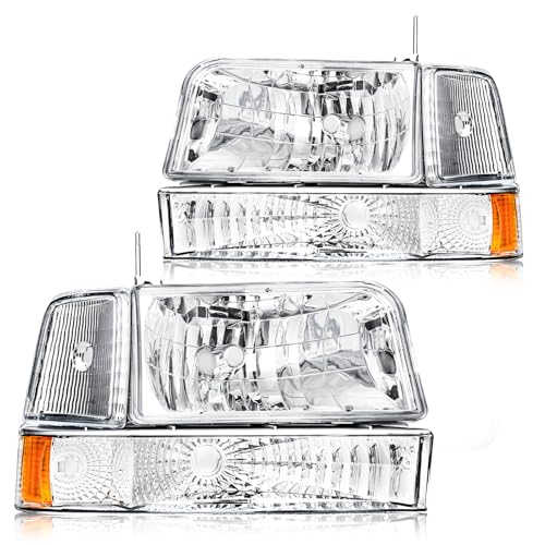 DimFlux Headlight Assembly for 1992 1993 1994 1995 1996 Ford F150 F250 F350/1992-1996 Bronco Headlamp Replacement Bumper Lamp Set Chrome Housing Amber Reflector