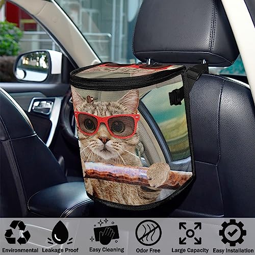 Image of Fun Cute Cat Driving Car Trash Can Car Garbage Bag with Lid Hanging Waterproof Leak Proof Vehicle Storage Bin