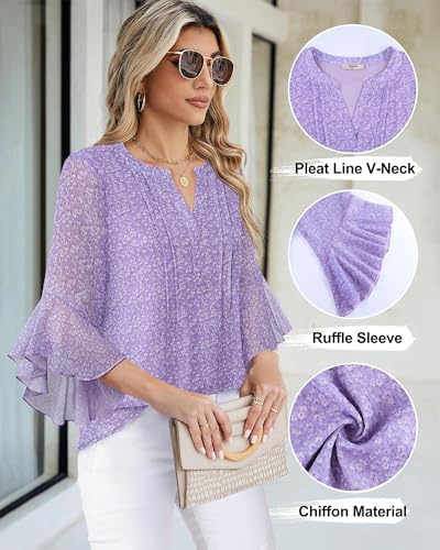 Image of Timeson Women's Short Sleeve V Neck Blouses Shirts Floral Double Layers Mesh Tunics Tops