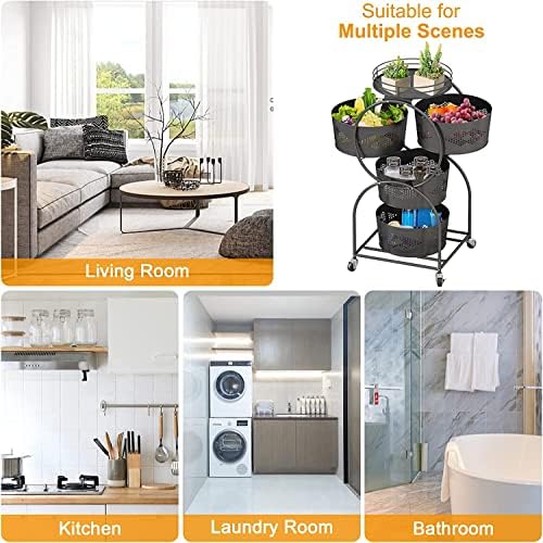 Pumpumly Rotating Kitchen Storage Shelf Rack 4-Layer Round Metal Baskets for Fruit Vegetable Organizing Plant Stand for Kitchen,Bathroom,Living Room (Black)