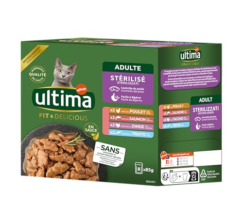 Ultima Fit & Delicious - Comida húmeda para Gatos Esterilizados - Multipack de 8x85g (Pollo, Pavo, Salmón, Trucha)