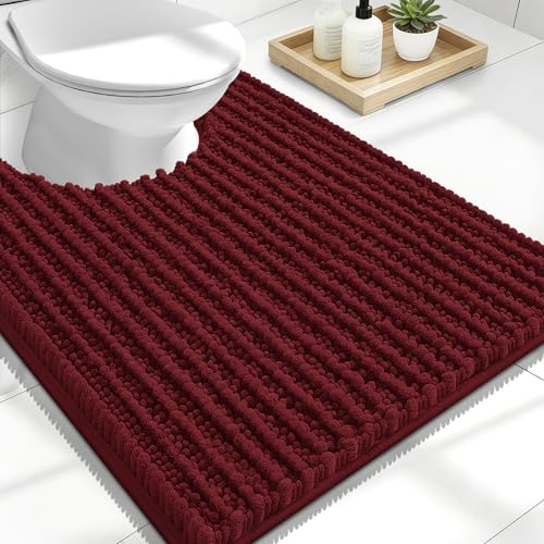 Image of OLANLY Toilet Rugs U Shaped 24x20, Thick Soft and Absorbent Chenille Contour Bath Mat, Non-Slip Rubber Backing, Machine Washable Quick Dry Toilet Mat, Home Decor Accessories, Burgundy