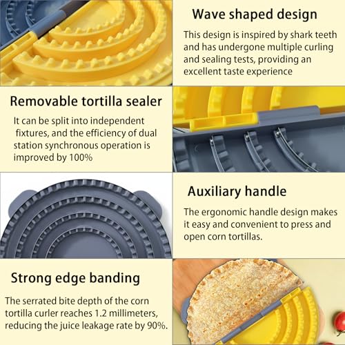 Image of 4-in-1 Tortilla Sealer Crimper Press - Adjustable 4 inch-6 inch-8 inch-10 inch Tortilla & Taco /Burrito Maker Tool with Metal Edge | Easy to Clean, BPA-Free, Durable & Fun for Family Cooking (Gray & Yellow)