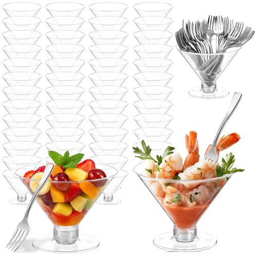 100 Pack Plastic Martini Glasses Disposable with Mini Silver Forks, 50 Pcs Forks and 50 Pcs 5oz Shrimp Cocktail Cups, Clear Disposable Cocktail Glasses for Wedding, Desserts and Appetizers (Clear)
