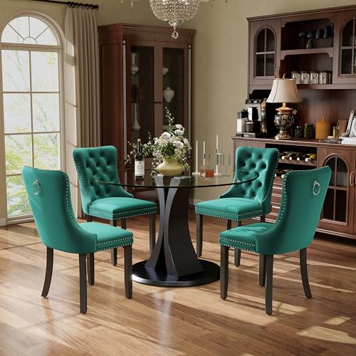 Image of 5-Piece Dining Table Set with 39In Tempered Glass Table and 4 Velvet Upholstered Chairs, Modern Scandinavian Furniture for Dining Room Kitchen(Green)