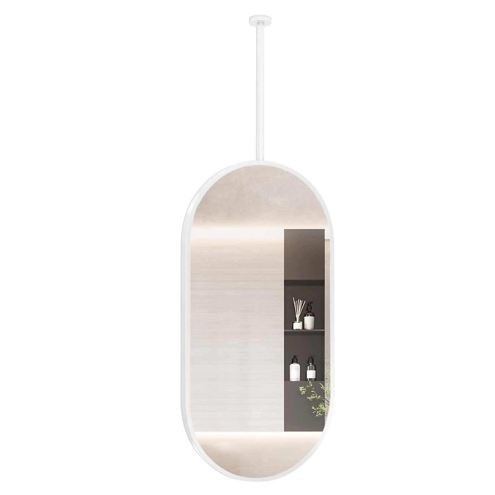 FGXHHS Ceiling Mounted Oval Mirror with Hanging Rod, Floating Vanity for Bathroom and Hotel Decor