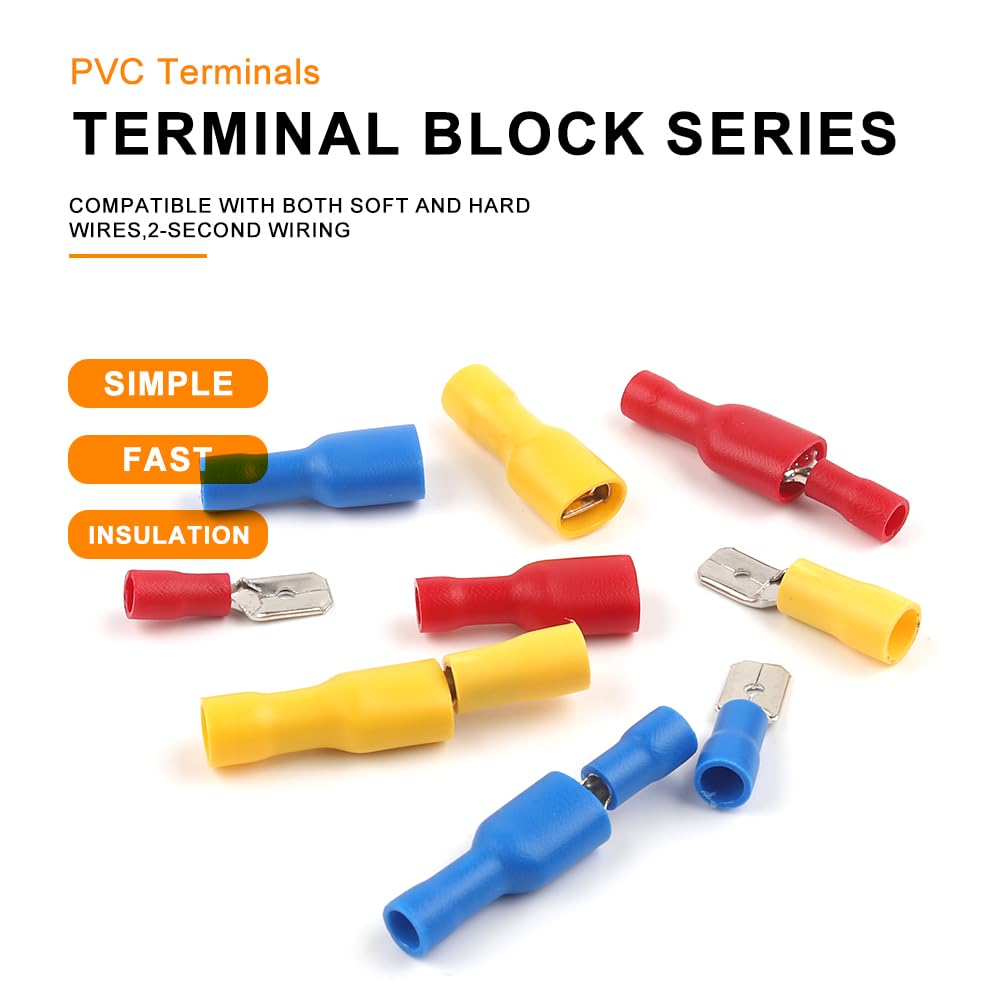 100pcs 50pairs 6.3mm 16 14AWG Female Male Electrical Wiring Connector Insulated Crimp Terminal Spade Blue(50pair 100PCS Blue)