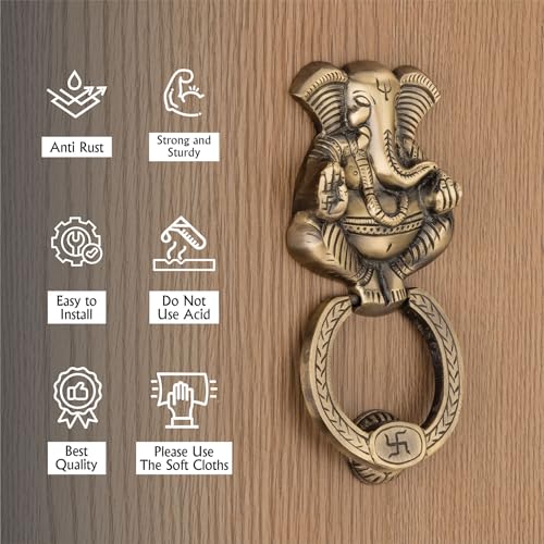 Image of COMPASS Ganesh Design Brass Home Decor | Door Decor | Door Knocker with Antique Finish | 7.5 inch | Pack of 1