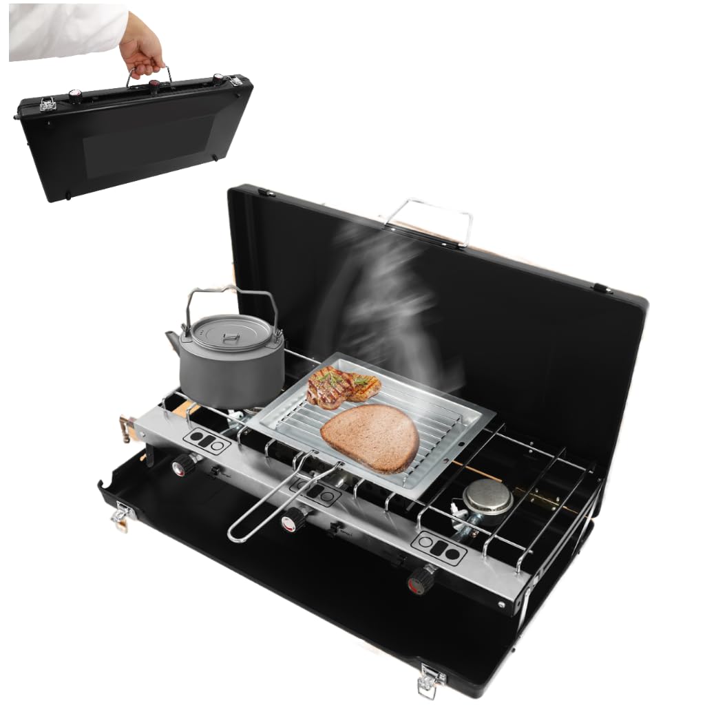 Barbecue pieghevole, portatile da campeggio, 3 fuochi (4,5 kW), 56,5 x 30 x 34 cm, accensione piezoelettrica per campeggio, barbecue, picnic o escursioni all'aperto, colore nero