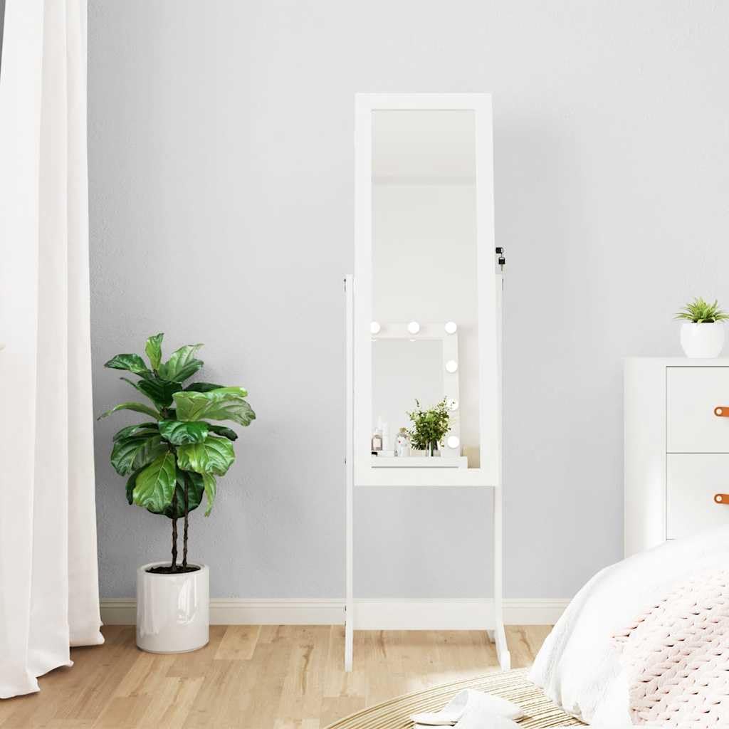 vidaXL Free-standing Mirror Jewellery Cabinet with LED Lights - White Engineered Wood - Adjustable Full-length Mirror - Lockable Storage Space for Perfumes and Jewellery