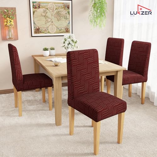 Image of Lukzer Elastic Dining Chair Cover - 1PC Pastel Deep Maroon Ripple Lines | Textured High Stretch Jacquard Seat Cover | Removable Washable Short Dining Chair Cover Protector Seat Slipcover | (CC-165-01)