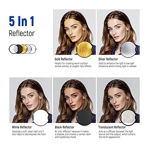Image of NEEWER 22 inch /56cm Light Reflector with Handle Grip with 3 /8 inch Thread, 5 in 1 | Foldable Disc Light Diffuser, Translucent /Silver /Gold /White /Black, for Photography Lighting, Outdoor Lighting, RF-56II