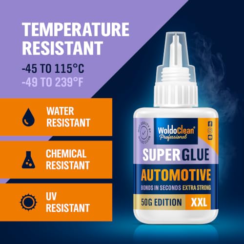 Image of WoldoClean Super Glue for Car 50g Automotive Adhesive - Emblem Bumper Trim | Exterior Interior Badge Decal, Heat Resistant Waterproof, Plastic Metal