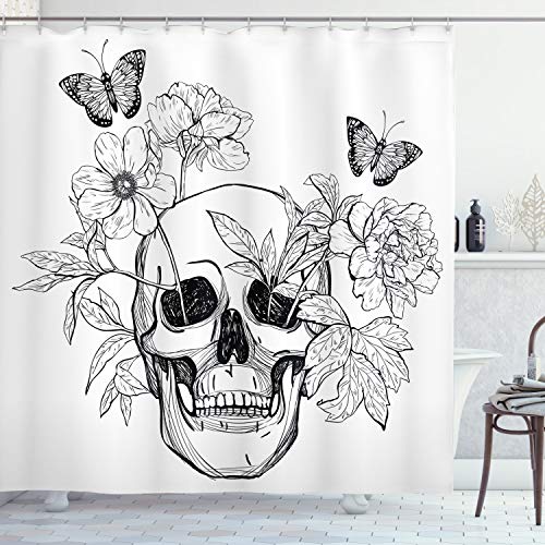 Ambesonne Day of The Dead Shower Curtain, Skull with Flower Blooms and Butterflies Vintage Gothic Design Print, Cloth Fabric Bathroom Decor Set with Hooks, 75  Long, Black and White