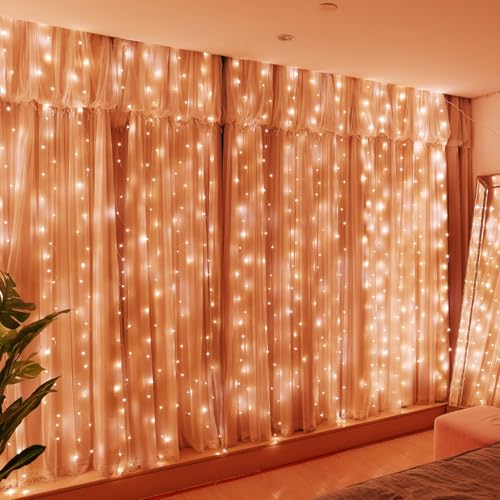 HXWEIYE 300LED Fairy Curtain Lights 9.8x9.8Ft USB Plug-in 8 Modes Christmas String Hanging Lights with Remote for Bedroom Backdrop Wedding Indoor Wall Decor Orange Standard 1 Pack