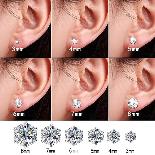 6 Pairs Cubic Zirconia Stud Earrings Set Surgical Steel Hypoallergenic 316L Stainless Steel Earrings for Women Men Contain 3,4,5,6,7,8mm2