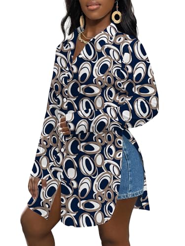Image of LYANER Women's Collar Neck Long Sleeve Button Down Shirts Sexy Split Hem Tops Long Blouse Shirt Dress