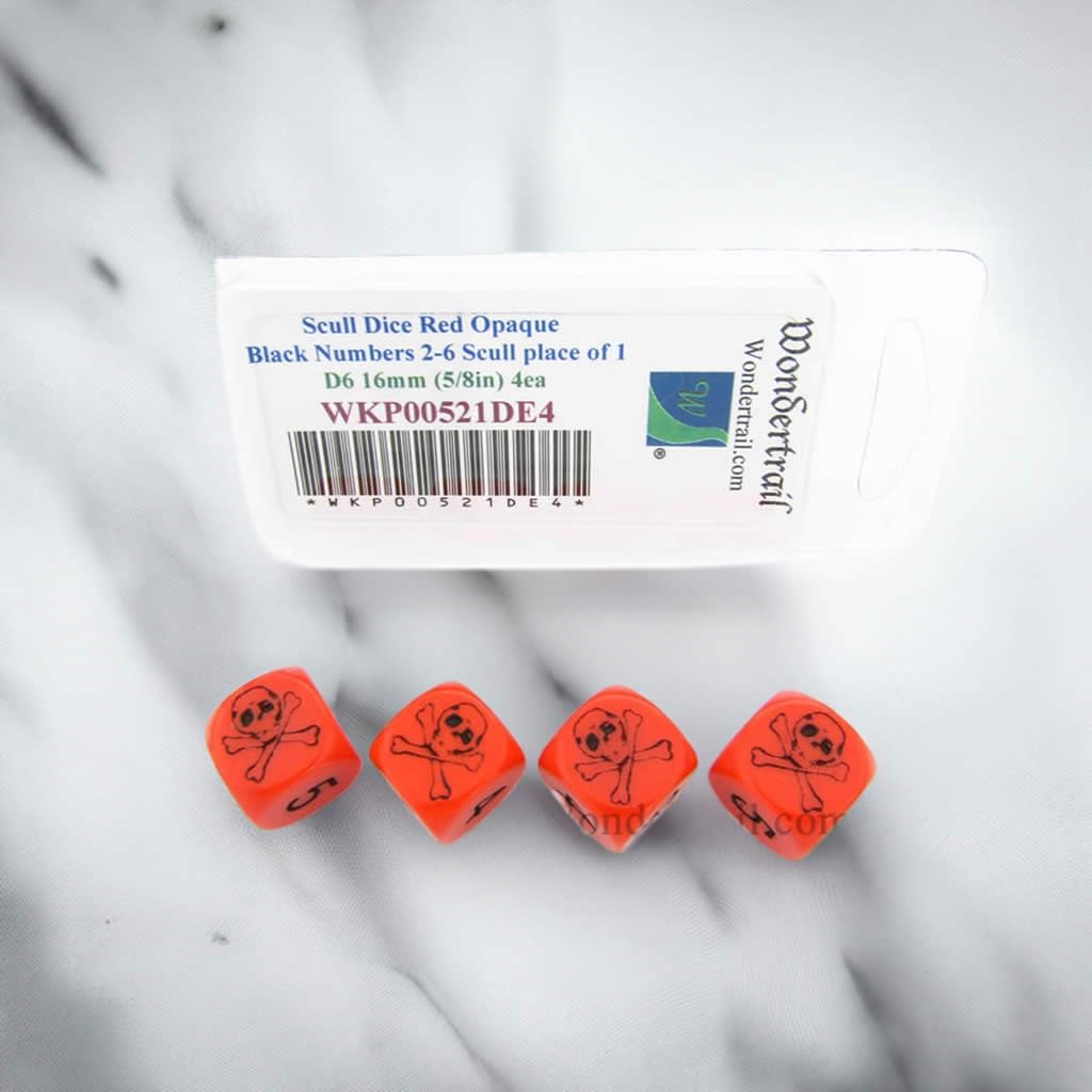 Skull Dice Red Opaque with Black Numbers D6 16mm (5/8in) Set of 4 Dice Wondertrail