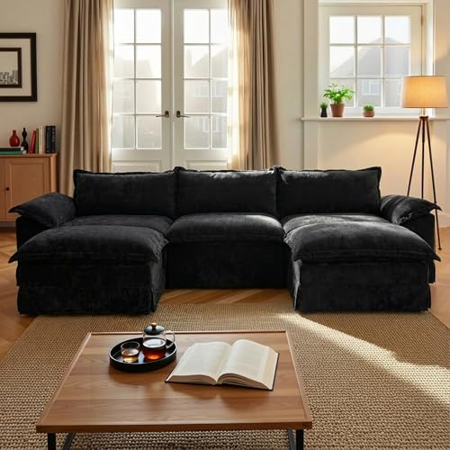 Image of Claiks 123 inch Modular Boneless Couch, U Shaped Couch for Living Room, Modern Deep Seat Sofa 3 Seater Chenille Fabric Comfy Cloud Couches with Movable Ottoman, Black