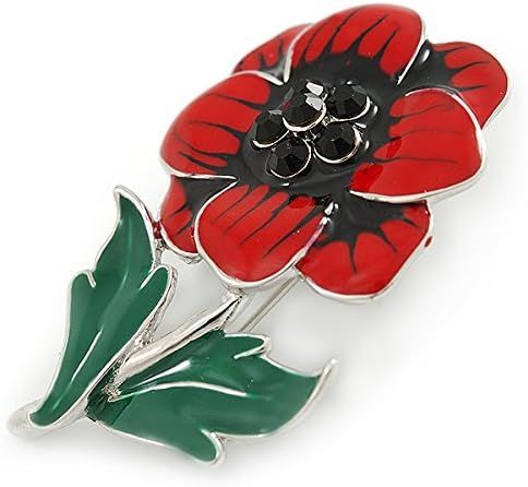 Red/Black/Green Enamel, Crystal Poppy Brooch In Silver Tone - 45mm L image 5