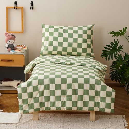 Image of Luxlovery Toddler Comforter Set Checkered Plaid Green White Kids Boho Bedding Set Bed Set for Dorm 4 Pieces (1 Comforter, 1 Flat Sheet, 1 Fitted Sheet, 1 Pillowcase)