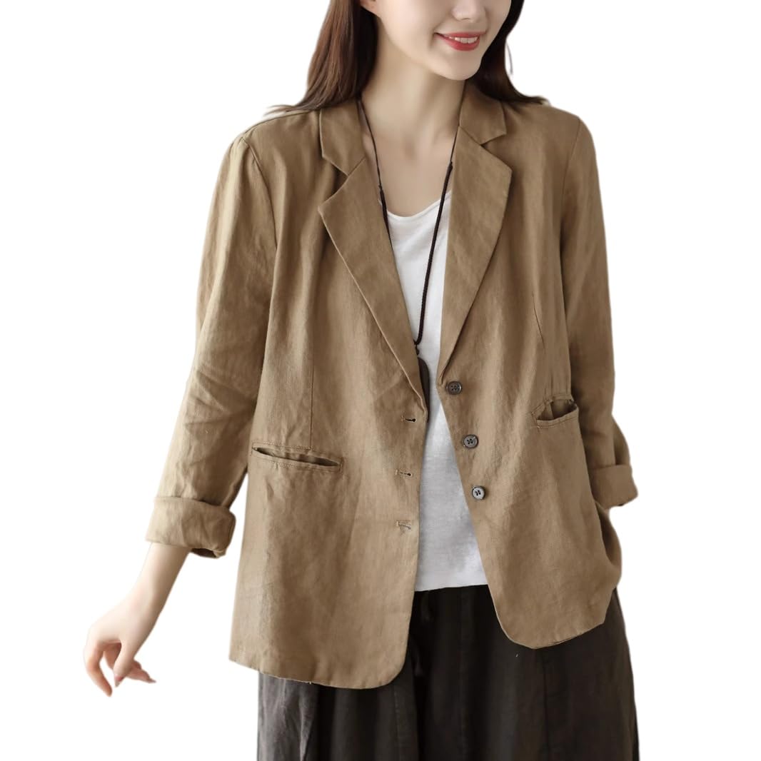 Elegante Blazer Mujer - Blazers De Algodón Y Lino para Mujer Chaquetas De Manga Larga con Botones Y Bolsillo Ropa De Abrigo Informal Chaqueta Ligera con Solapa De Muesca para Mujer Trajes De Oficin